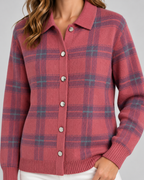 Women's Checked Knit Cardigan - Collared Button Front Relaxed Fit