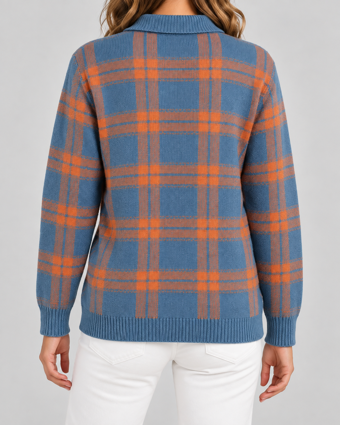 Women's Checked Knit Cardigan - Collared Button Front Relaxed Fit