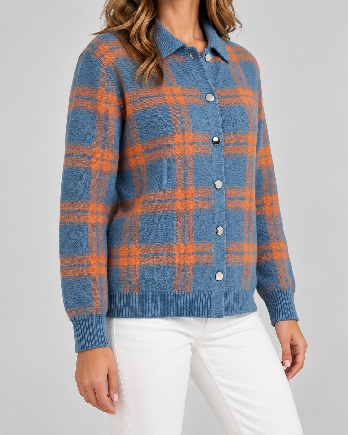 Women's Checked Knit Cardigan - Collared Button Front Relaxed Fit