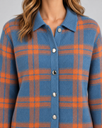Women's Checked Knit Cardigan - Collared Button Front Relaxed Fit