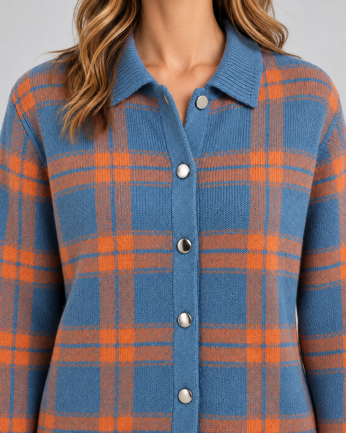 Women's Checked Knit Cardigan - Collared Button Front Relaxed Fit