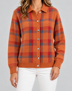 Women's Checked Knit Cardigan - Collared Button Front Relaxed Fit