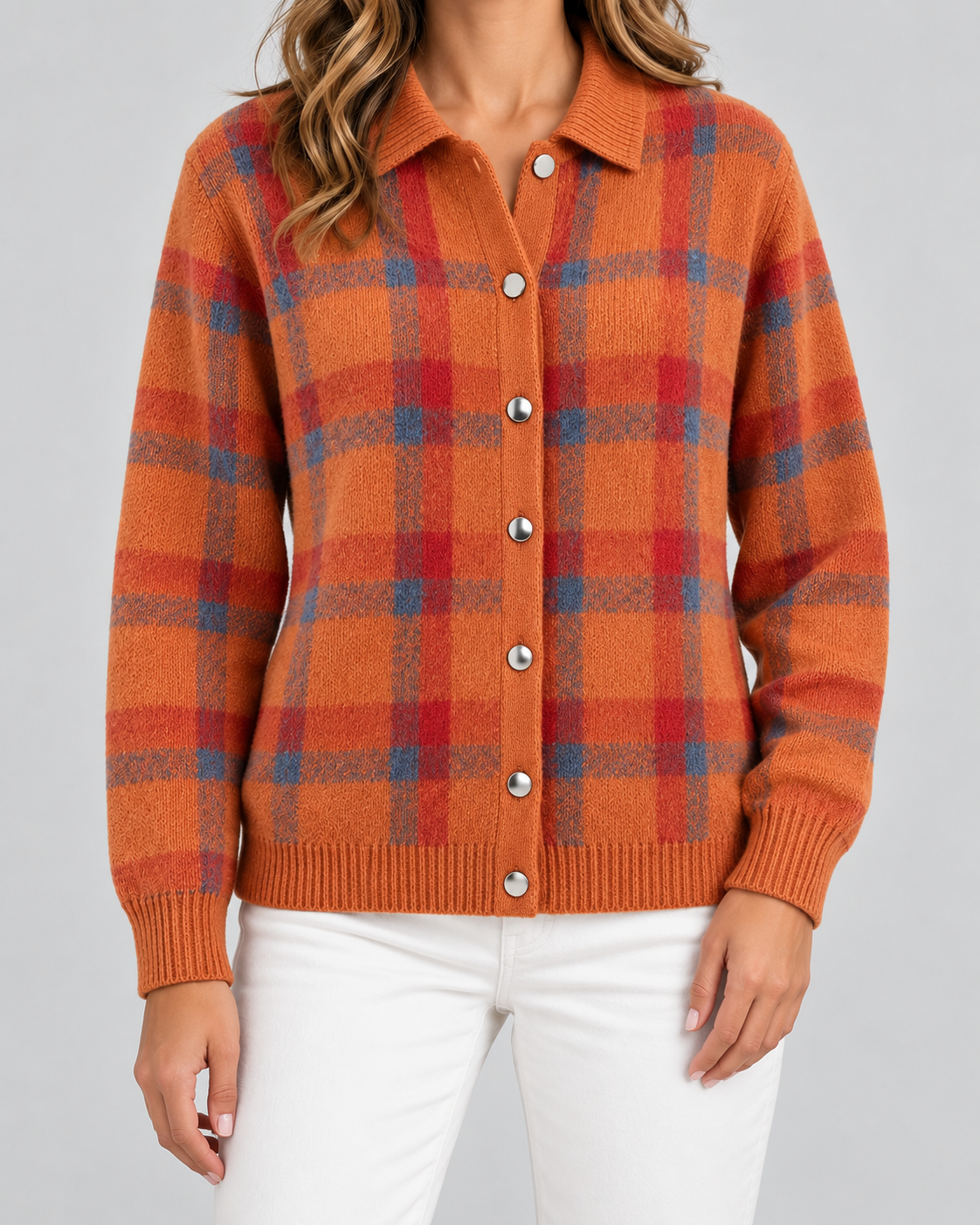 Women's Checked Knit Cardigan - Collared Button Front Relaxed Fit