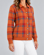 Women's Checked Knit Cardigan - Collared Button Front Relaxed Fit
