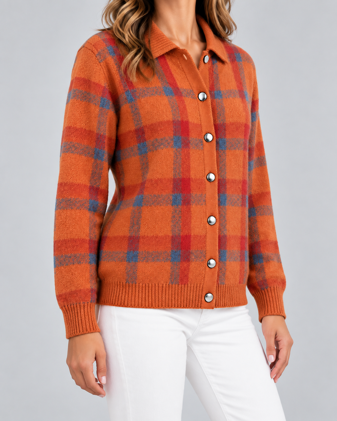Women's Checked Knit Cardigan - Collared Button Front Relaxed Fit