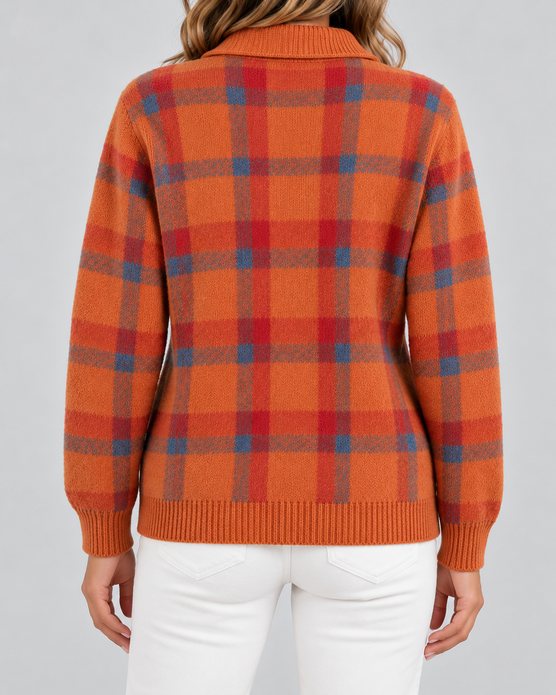 Women's Checked Knit Cardigan - Collared Button Front Relaxed Fit