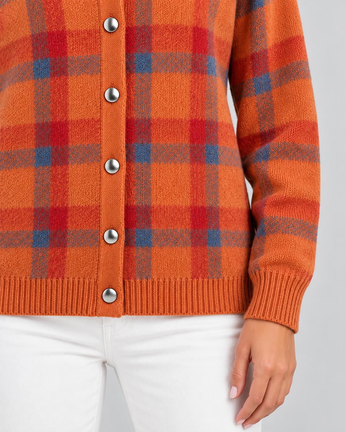 Women's Checked Knit Cardigan - Collared Button Front Relaxed Fit