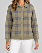 Women's Checked Knit Cardigan - Collared Button Front Relaxed Fit