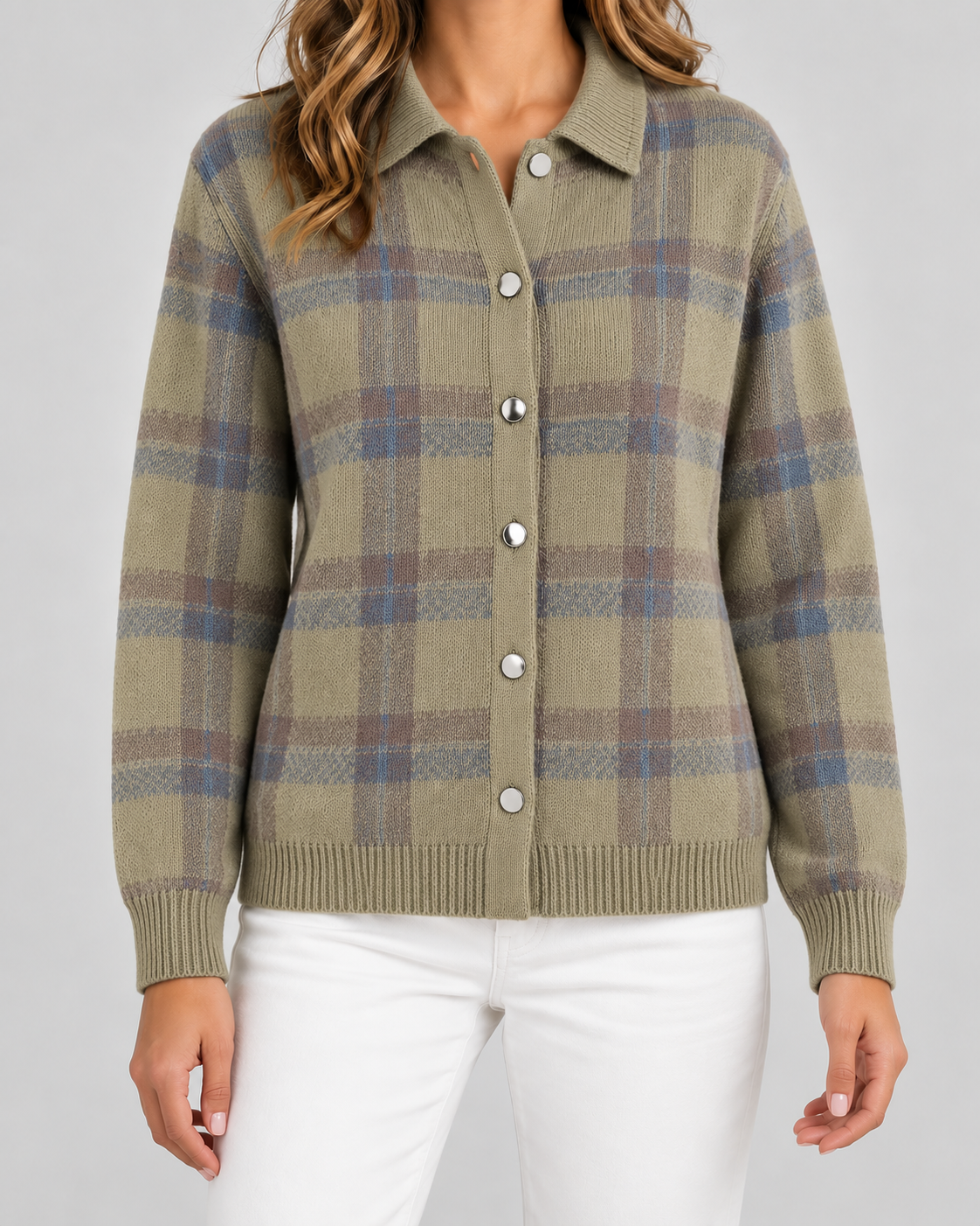 Women's Checked Knit Cardigan - Collared Button Front Relaxed Fit