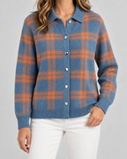 Women's Checked Knit Cardigan - Collared Button Front Relaxed Fit