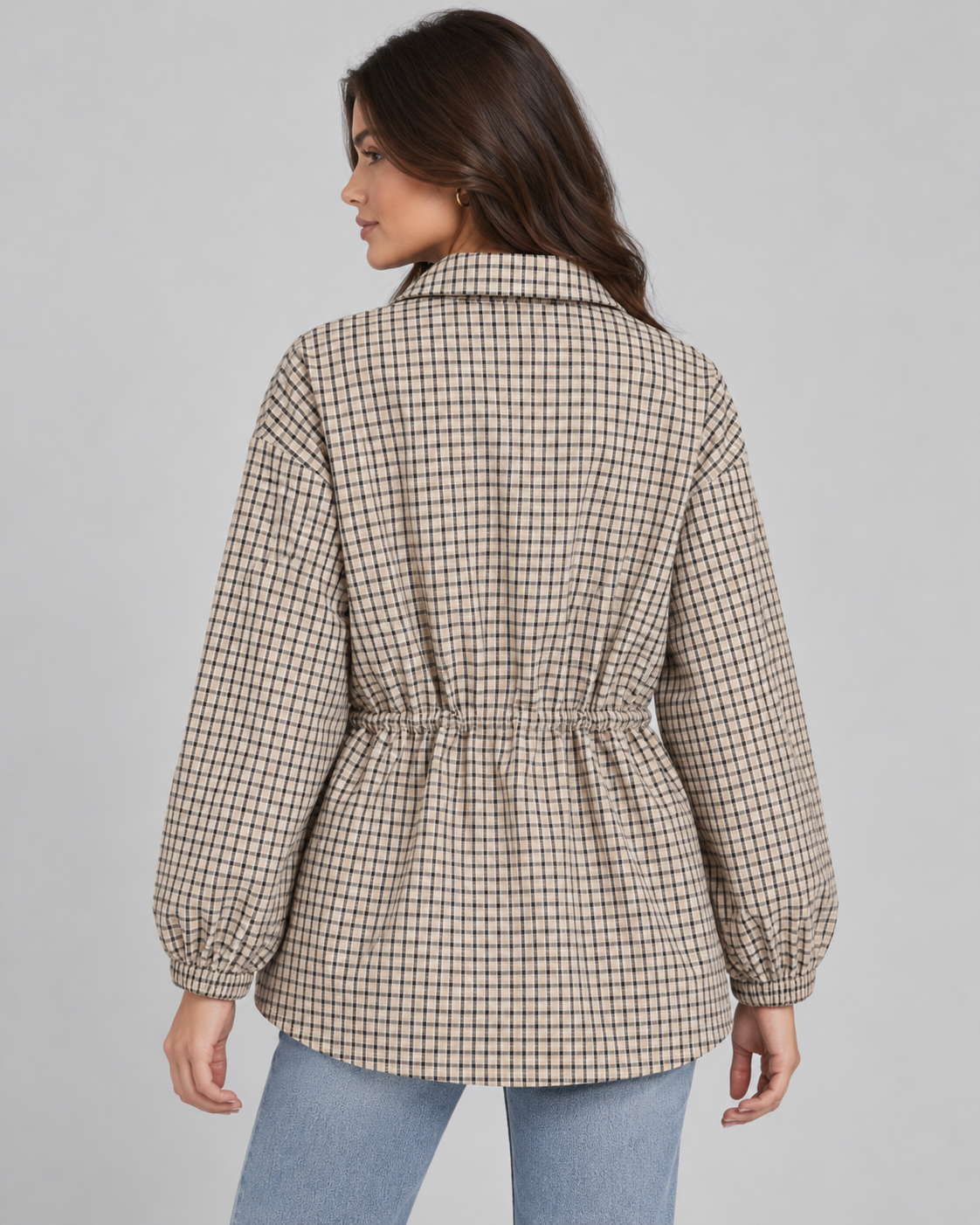 Women's Checked Utility Jacket - Drawstring Waist Snap Front