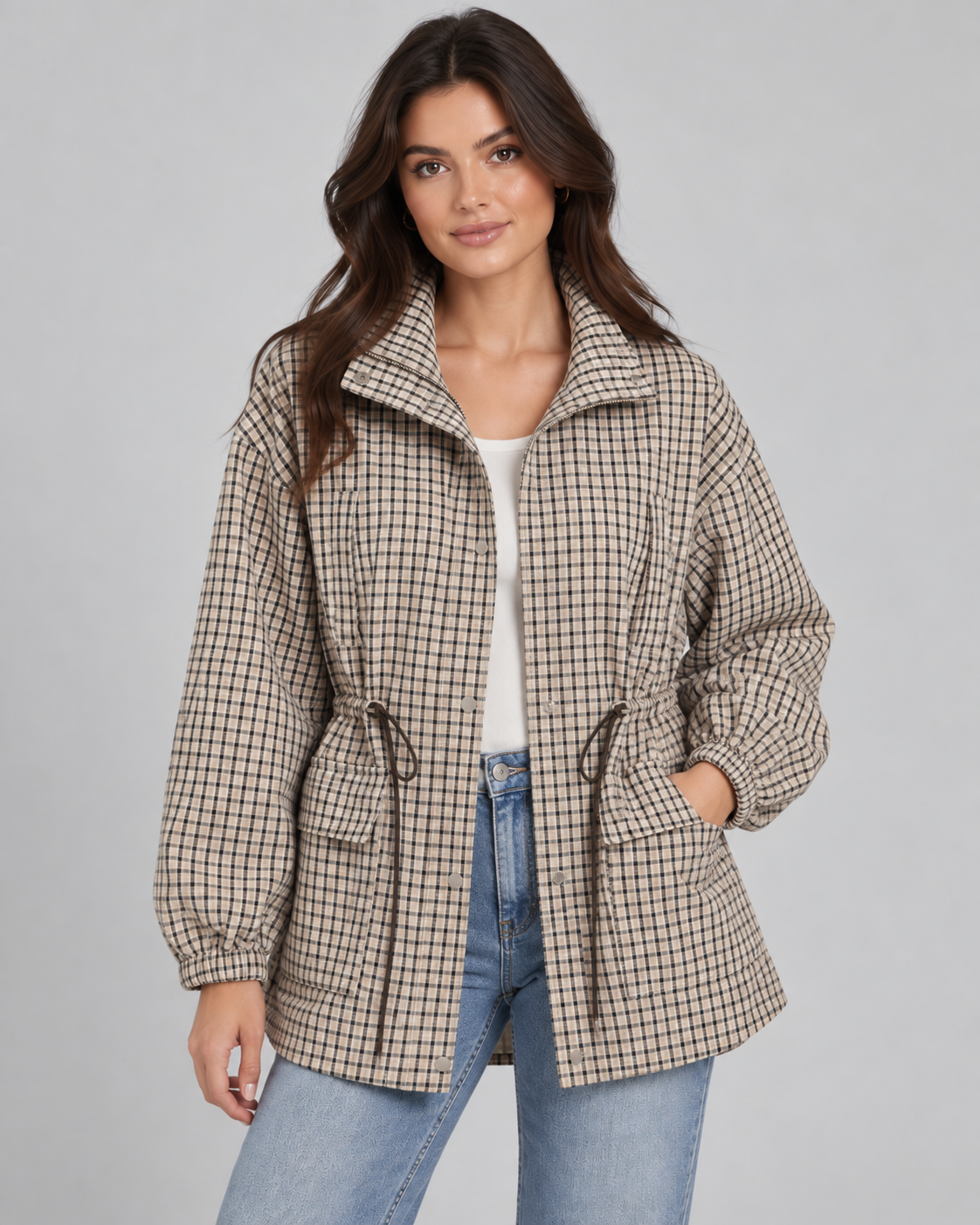 Women's Checked Utility Jacket - Drawstring Waist Snap Front