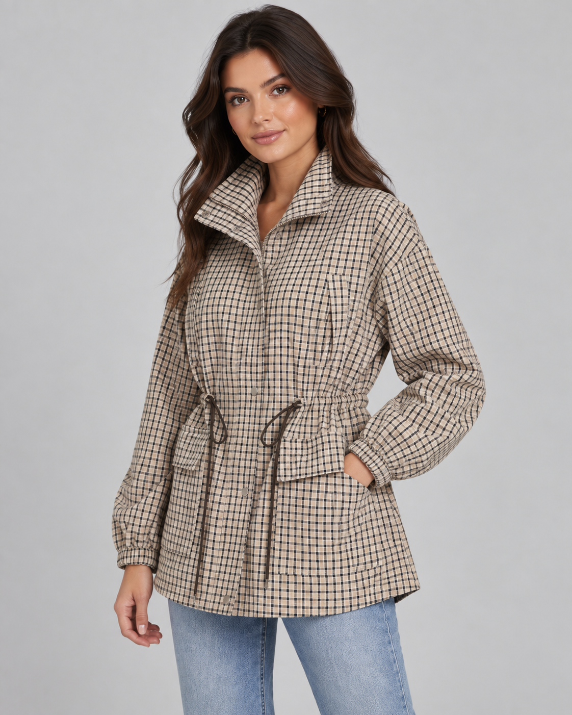 Women's Checked Utility Jacket - Drawstring Waist Snap Front