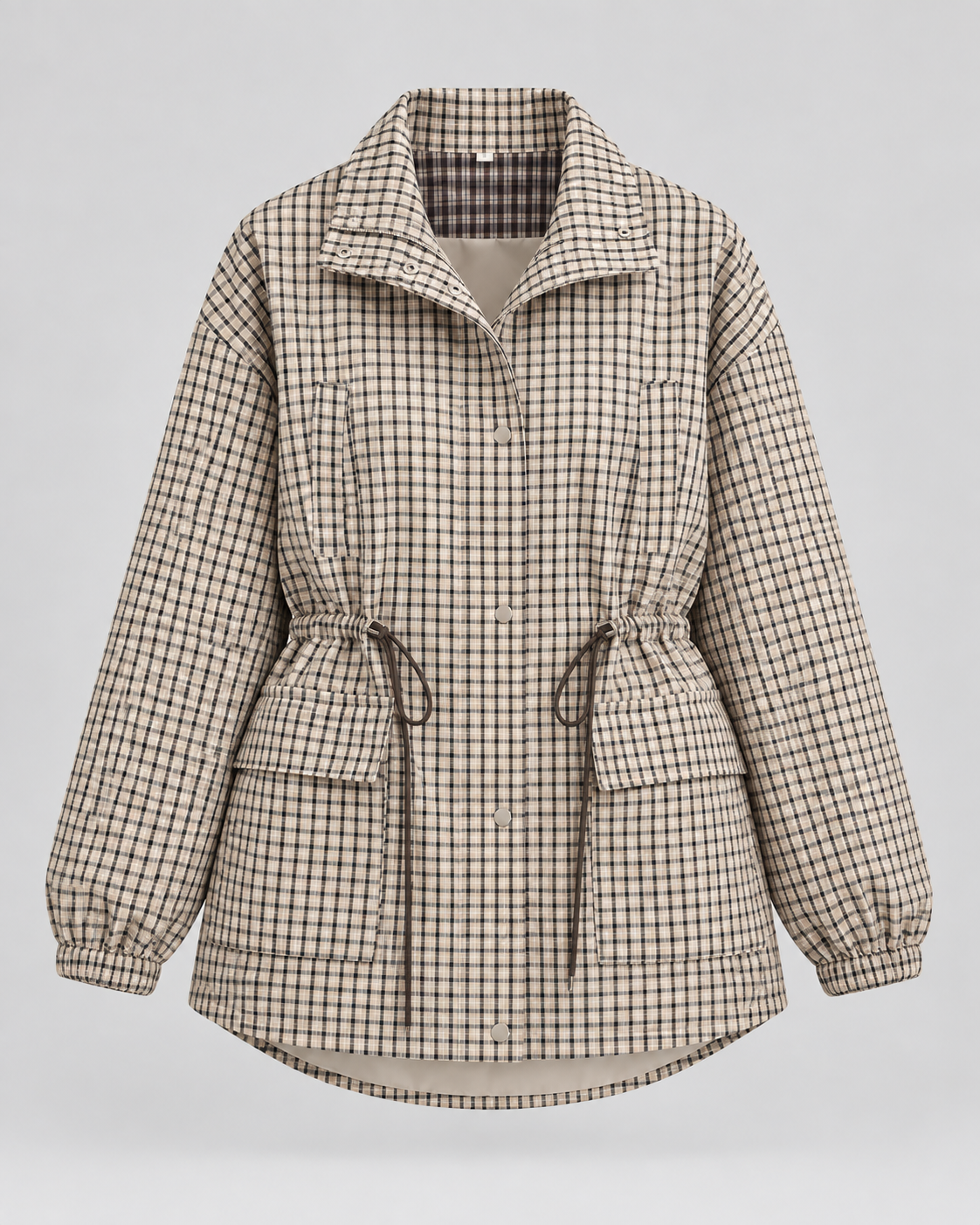Women's Checked Utility Jacket - Drawstring Waist Snap Front