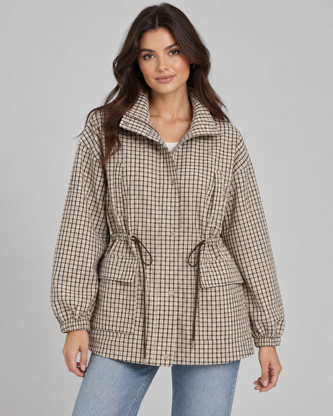 Women's Checked Utility Jacket - Drawstring Waist Snap Front