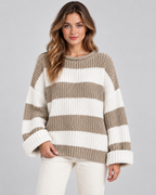 Women's Chunky Knit Striped Sweater – Oversized Crew Neck Pullover