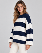 Women's Chunky Knit Striped Sweater – Oversized Crew Neck Pullover