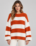 Women's Chunky Knit Striped Sweater – Oversized Crew Neck Pullover
