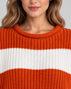 Women's Chunky Knit Striped Sweater – Oversized Crew Neck Pullover
