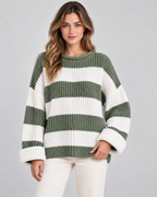 Women's Chunky Knit Striped Sweater – Oversized Crew Neck Pullover