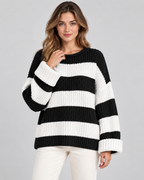 Women's Chunky Knit Striped Sweater – Oversized Crew Neck Pullover