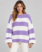 Women's Chunky Knit Striped Sweater – Oversized Crew Neck Pullover