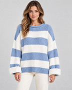 Women's Chunky Knit Striped Sweater – Oversized Crew Neck Pullover