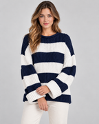 Women's Chunky Knit Striped Sweater – Oversized Crew Neck Pullover