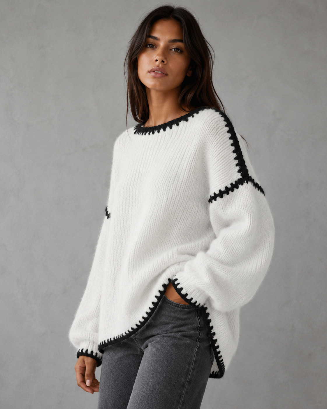 Women's Chunky Knit Sweater - Contrast Stitch Oversized Fit