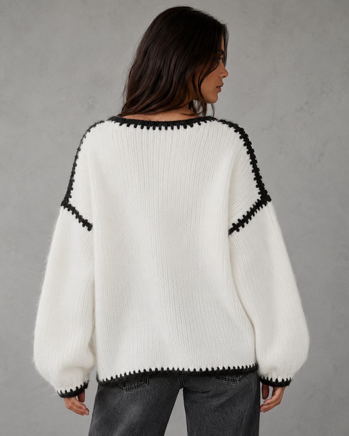 Women's Chunky Knit Sweater - Contrast Stitch Oversized Fit