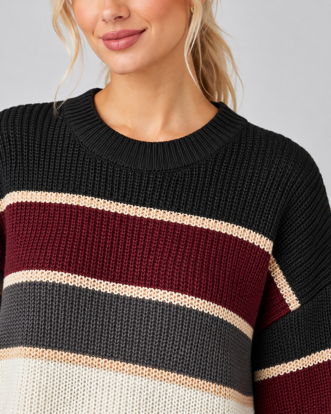 Women's Color Block Knitted Sweater – Crew Neck Relaxed Fit