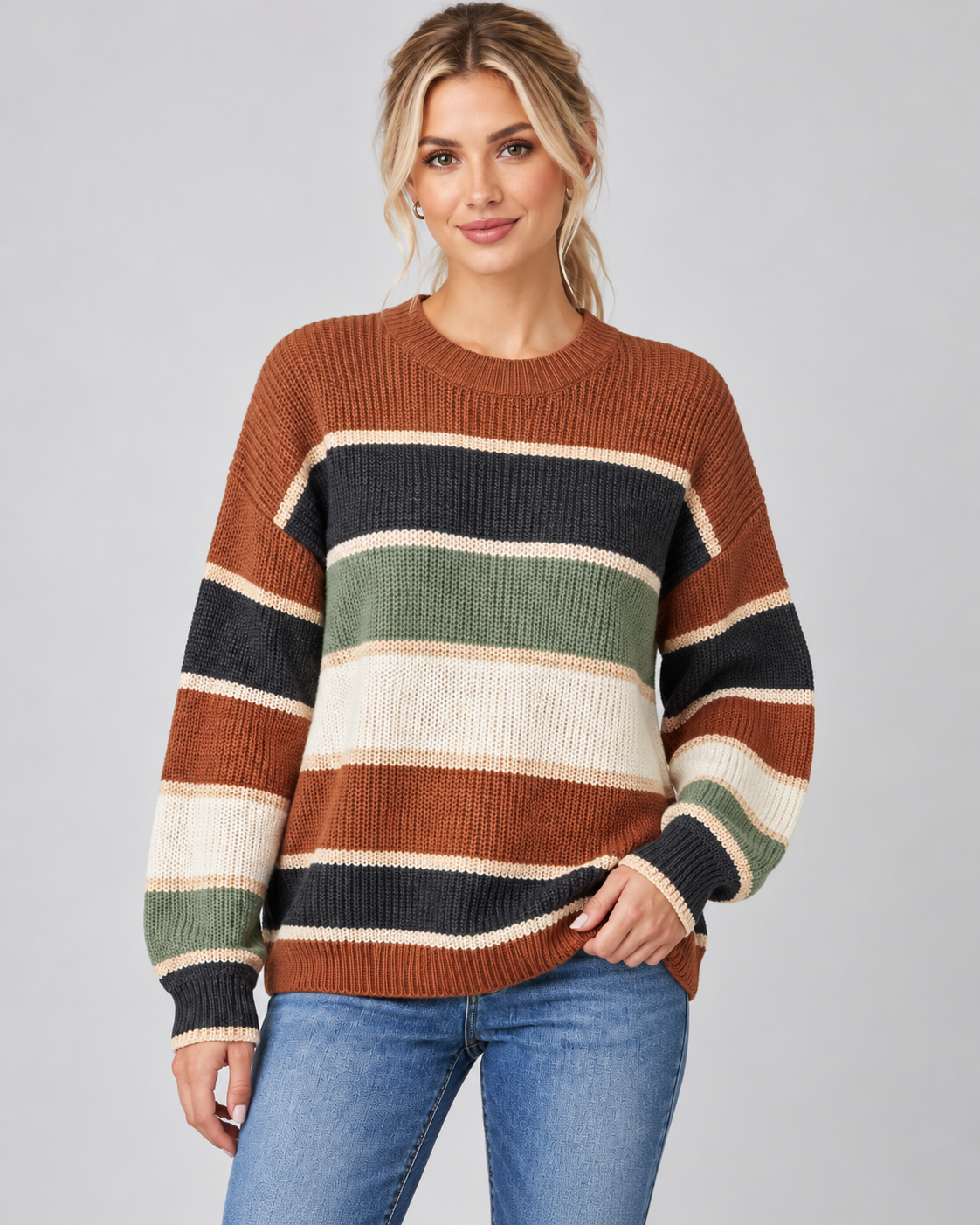 Women's Color Block Knitted Sweater – Crew Neck Relaxed Fit