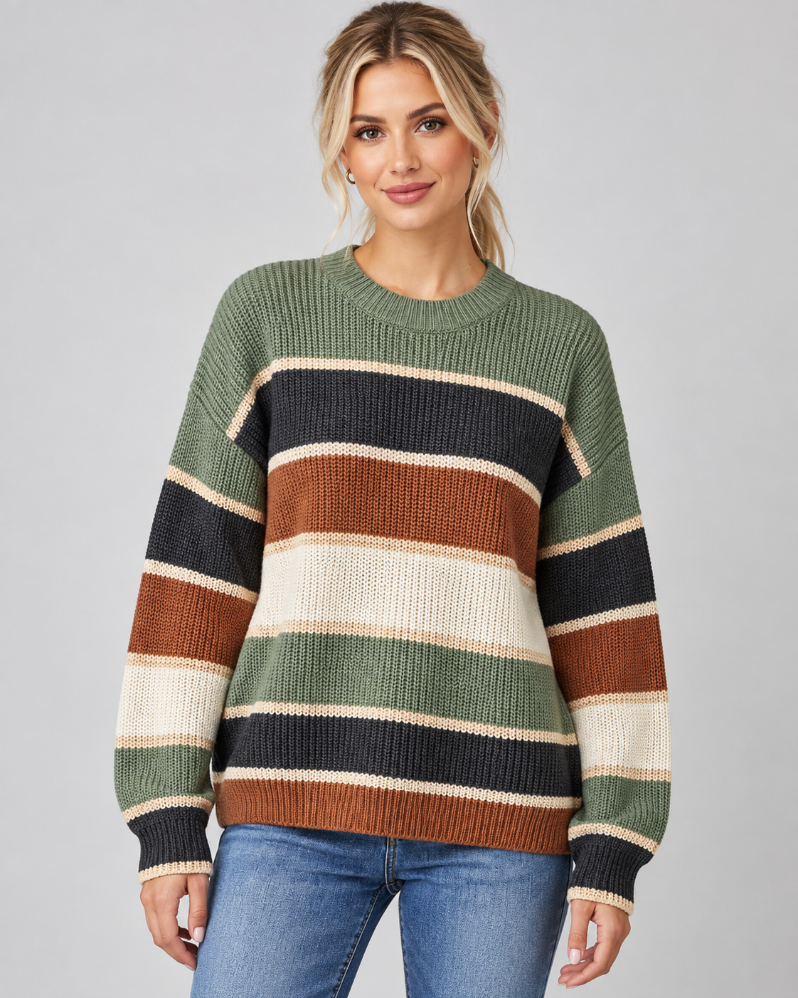 Women's Color Block Knitted Sweater – Crew Neck Relaxed Fit