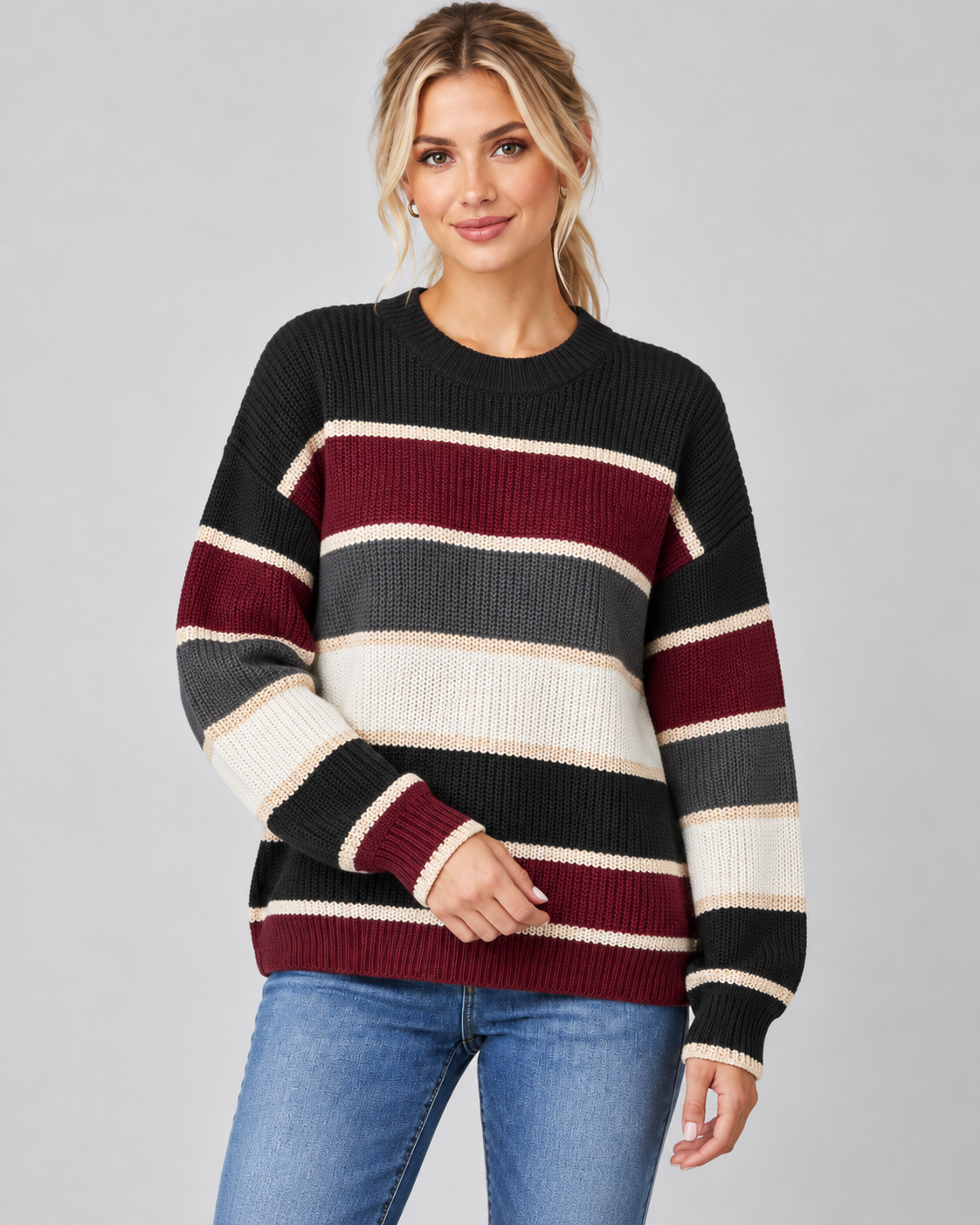 Women's Color Block Knitted Sweater – Crew Neck Relaxed Fit