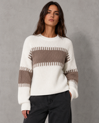 Women's Colour Block Knit Sweater - Crew Neck Long Sleeve Relaxed Fit
