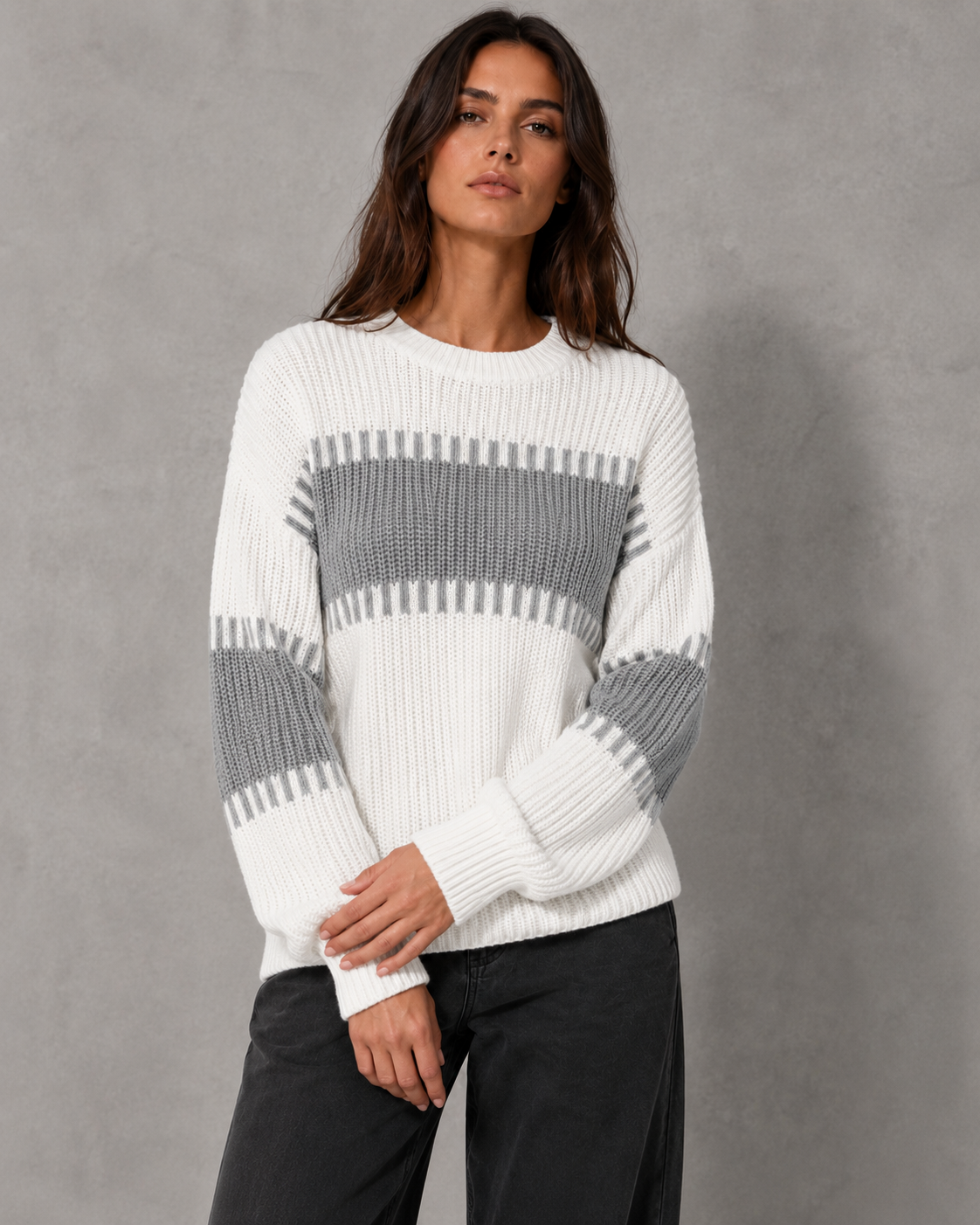 Women's Colour Block Knit Sweater - Crew Neck Long Sleeve Relaxed Fit