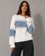 Women's Colour Block Knit Sweater - Crew Neck Long Sleeve Relaxed Fit