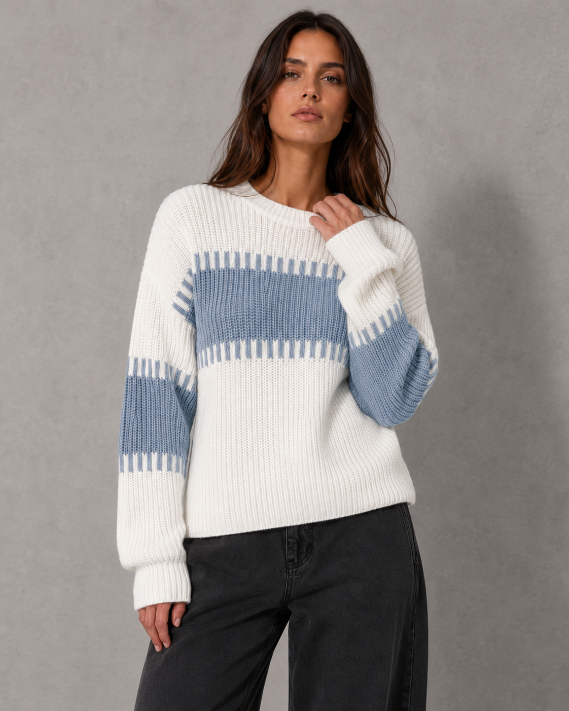 Women's Colour Block Knit Sweater - Crew Neck Long Sleeve Relaxed Fit