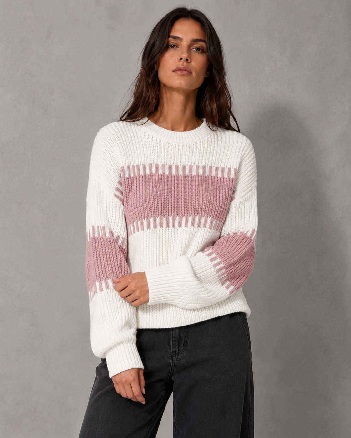 Women's Colour Block Knit Sweater - Crew Neck Long Sleeve Relaxed Fit