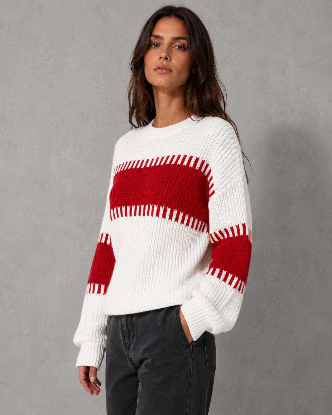 Women's Colour Block Knit Sweater - Crew Neck Long Sleeve Relaxed Fit
