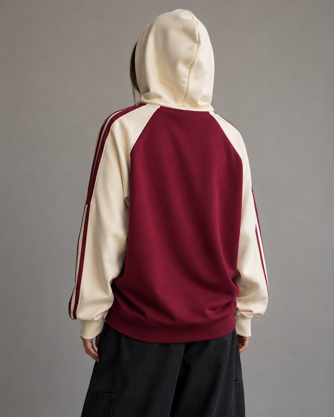 Women's Colour Block Zip Up Hoodie - Striped Sleeve Oversized Fit