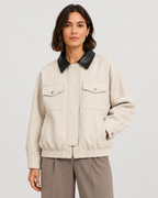 Women's Cropped Barn Jacket - Faux Suede Contrast Collar