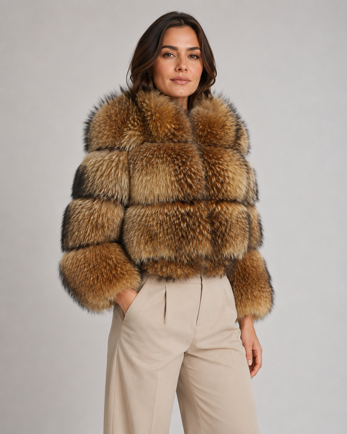 Women's Cropped Brown Fur Jacket with Oversized Collar