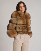 Women's Cropped Brown Fur Jacket with Oversized Collar