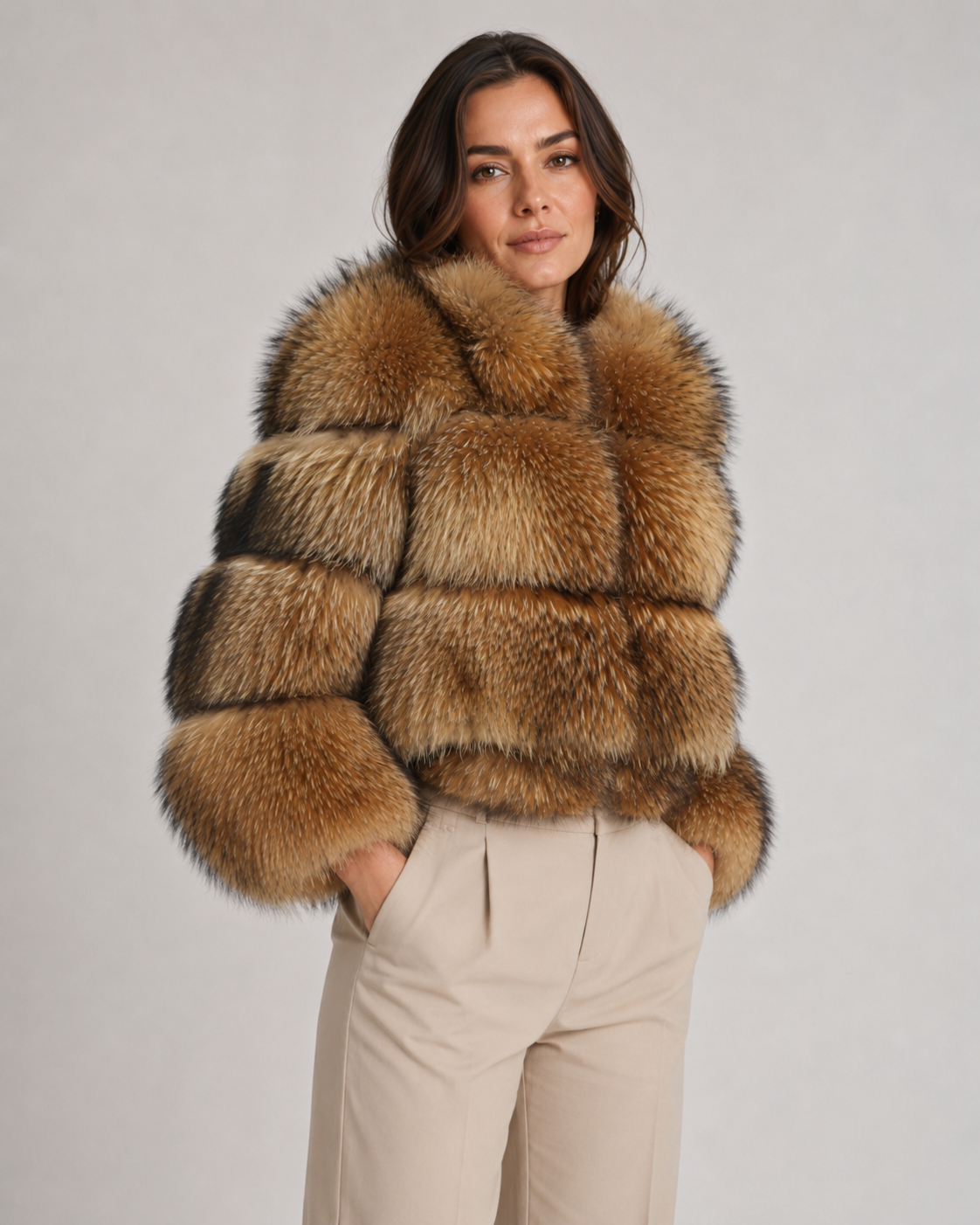 Women's Cropped Brown Fur Jacket with Oversized Collar