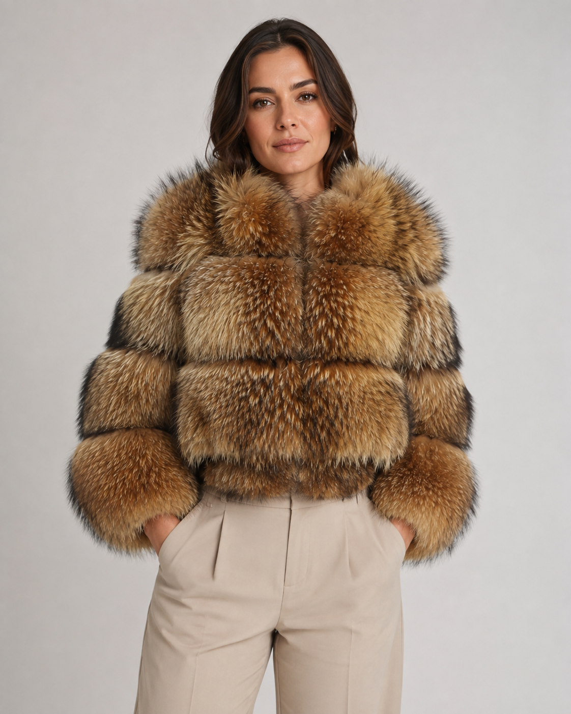 Women's Cropped Brown Fur Jacket with Oversized Collar