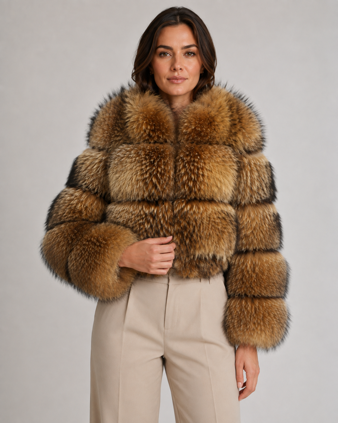 Women's Cropped Brown Fur Jacket with Oversized Collar