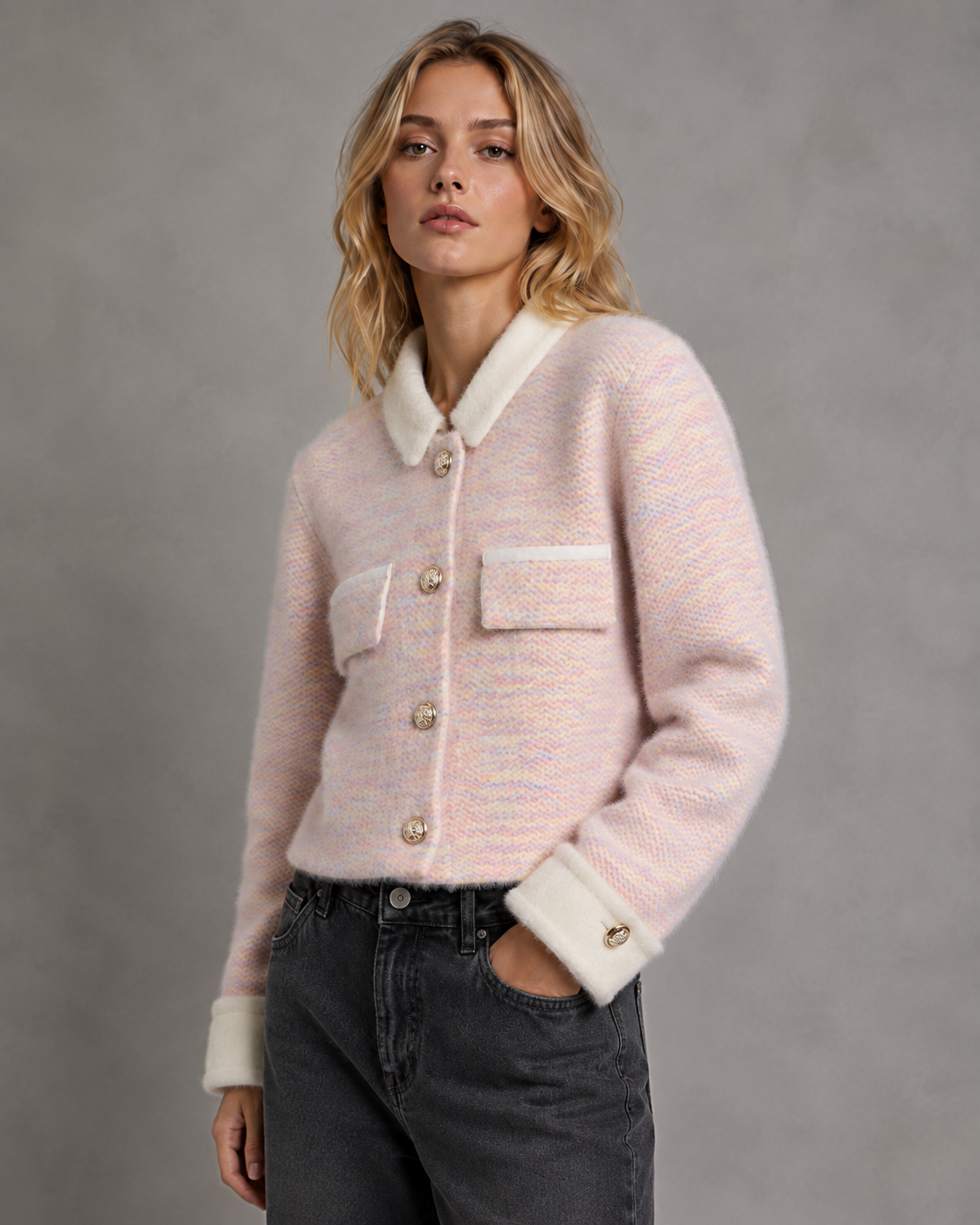 Women's Cropped Fuzzy Cardigan - Contrast Collar