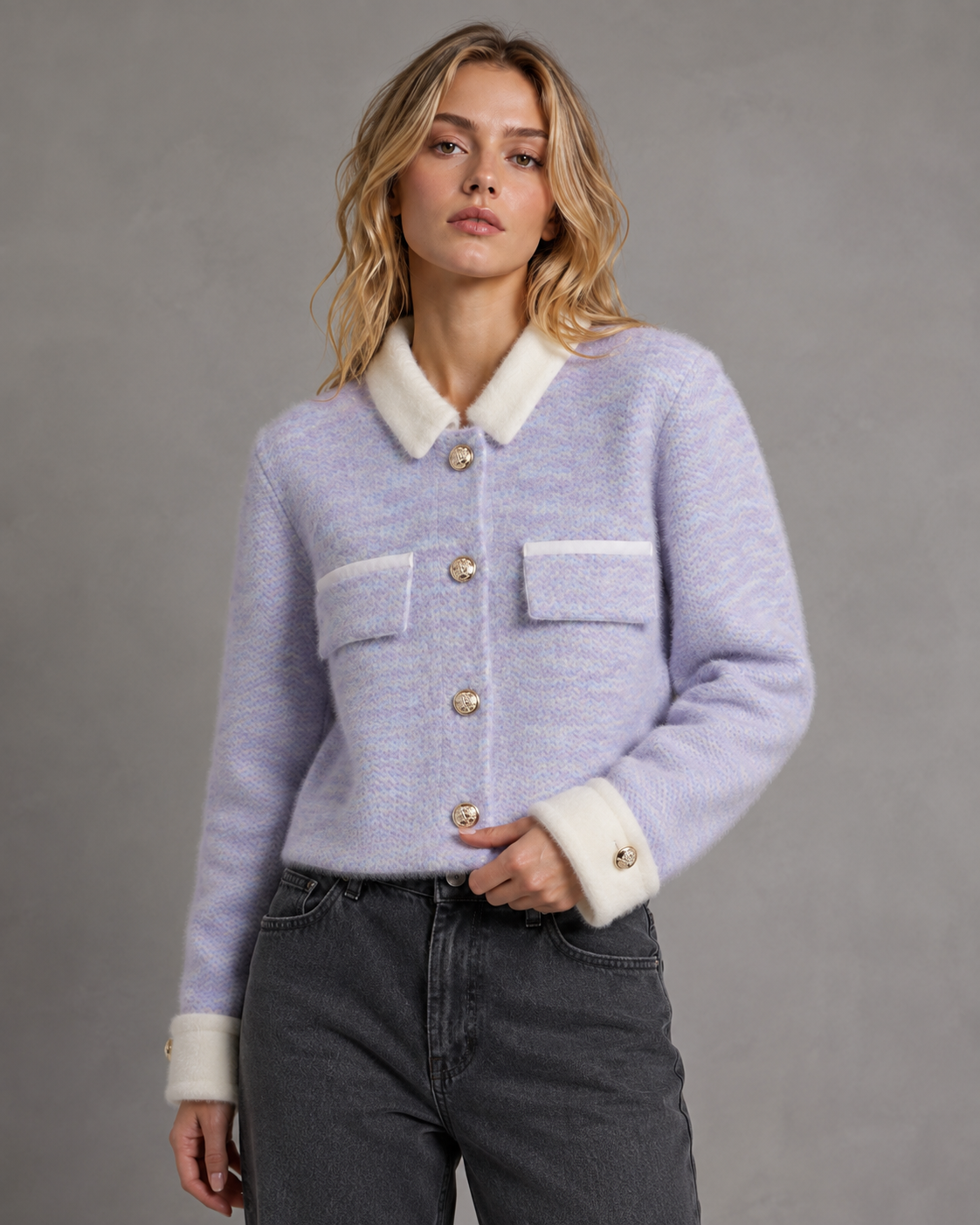 Women's Cropped Fuzzy Cardigan - Contrast Collar
