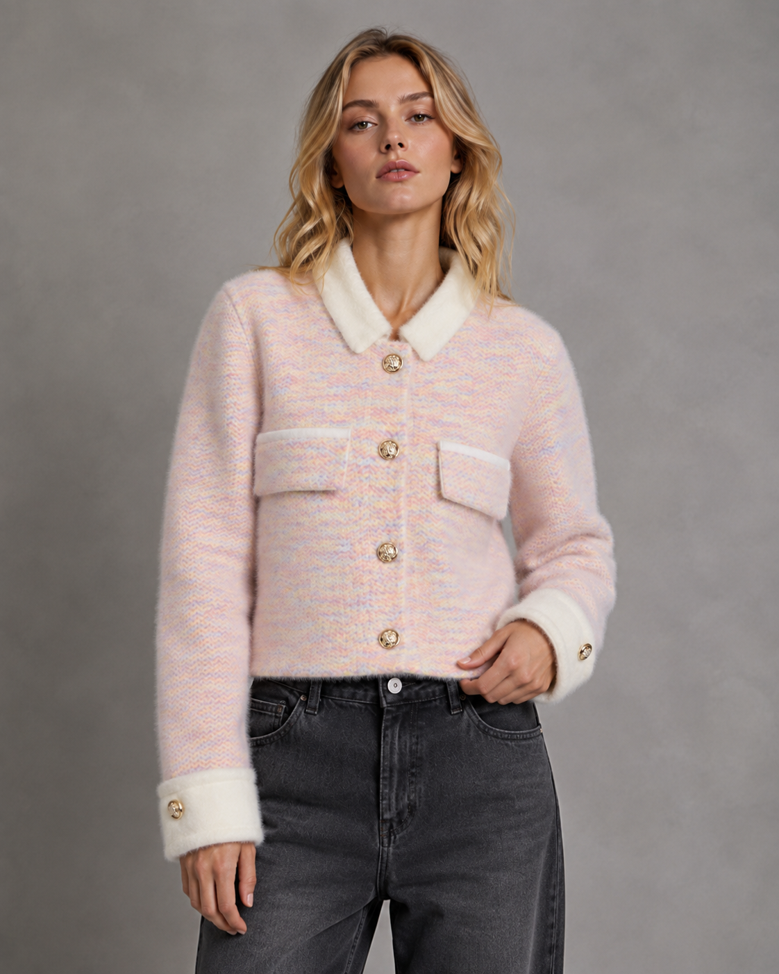 Women's Cropped Fuzzy Cardigan - Contrast Collar